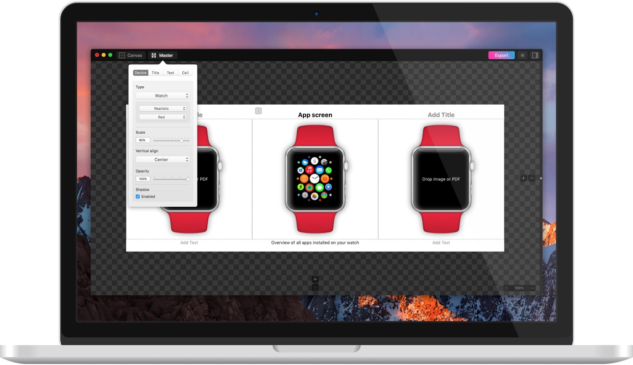 Vernissage presenting Apple Watch screens in a MacBook mockup